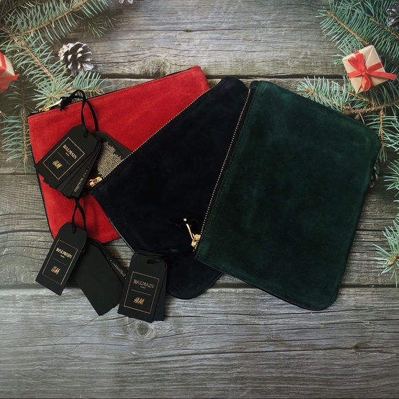 Balmain x H&M Green Red Navy Suede Leather Clutch - Picture 5 of 14
